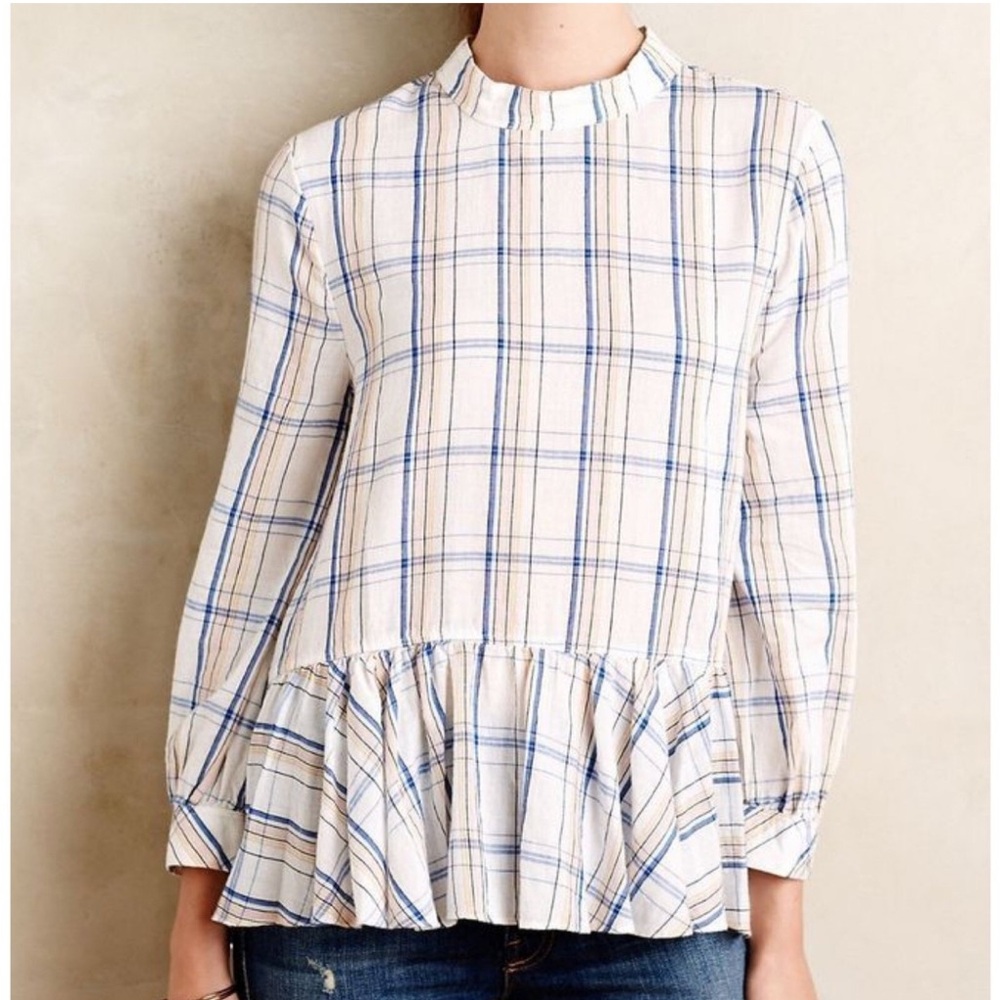 Maeve Size 4 Oversized Plaid Ruffle Hem Women's Top‎